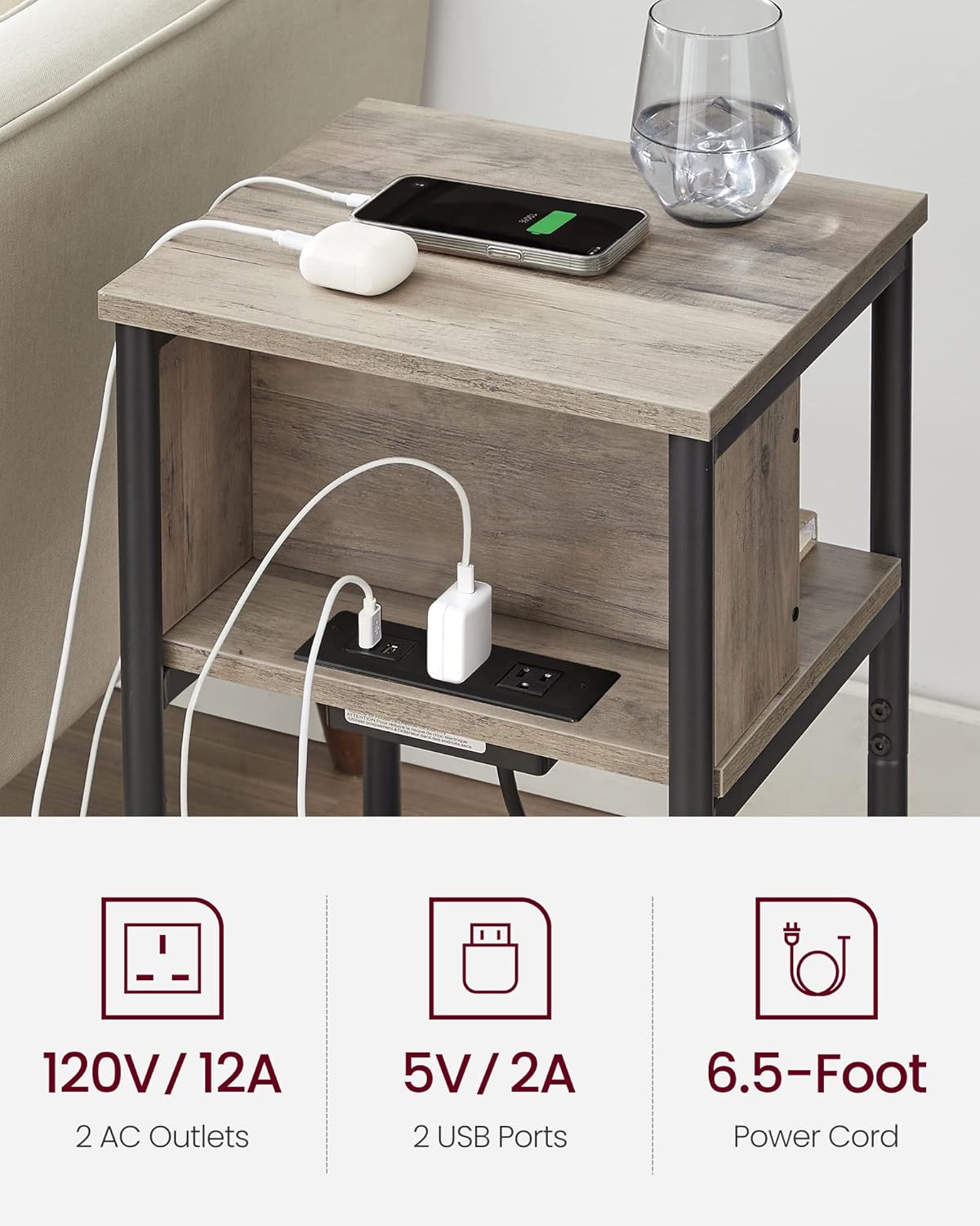 VASAGLE Side Table with Charging Station, 3-Tier End Table with USB Ports and Outlets, Nightstand for Living Room, Bedroom, 11.8 x 13.4 x 22.8 Inches, Plug-in Series, Greige and Black