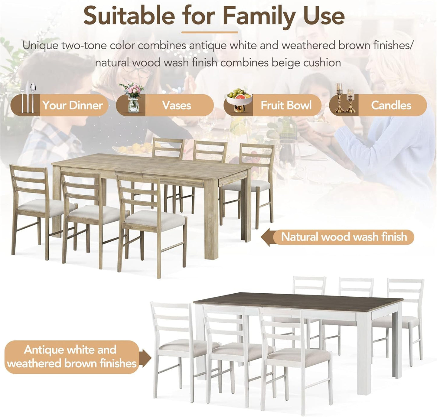 7-Piece Wooden Dining Set with Mutifunctional Extendable Table 12" Leaf and 2 Drawers,Rubber Wood Structure W/ 6 Soft Cushion Chairs,for Dining Room,Natural Wood Wash