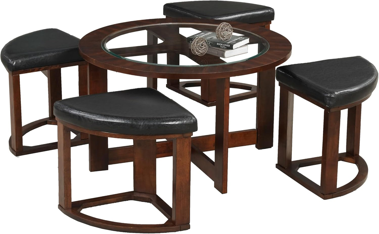 Roundhill Furniture Cylina Solid Wood Glass Top Round Coffee Table with 4 Stools, Espresso