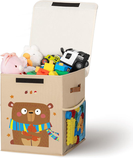 40L Large Toy Storage Box with Lid, Large Toy Box Chest for Kids, Girls and Boys, Nursery Room and Living Room, 13"x13" x16" (Dark Khaki-bear)