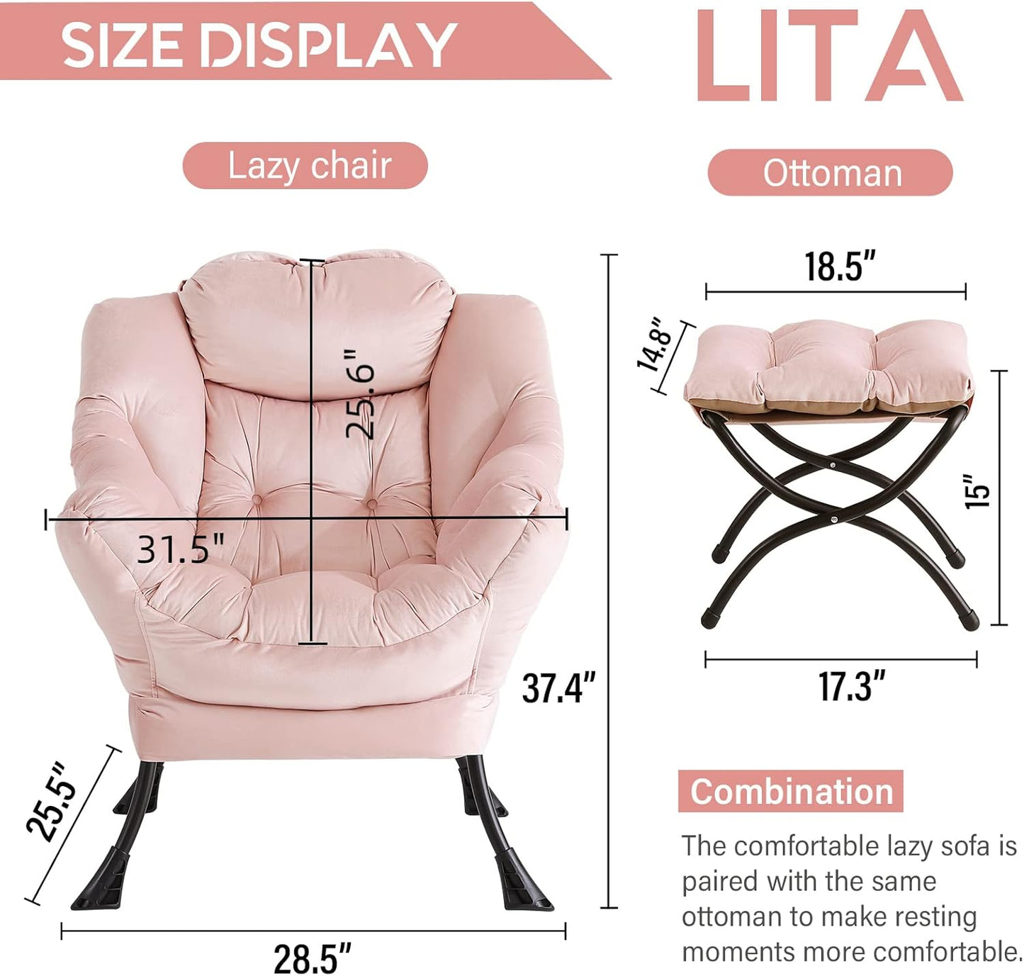 LITA Lazy Chair With Ottoman, Modern Accent Leisure Upholstered Sofa, Contemporary Lounge Reading With Armrests and Side Pocket for Living Room, Bedroom & Small Space, Pink