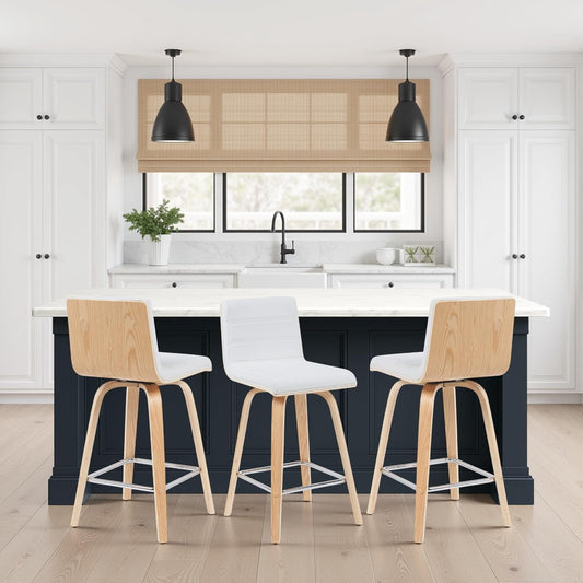 Vienna Modern Counter Height Swivel Bar Stool with White Faux Leather Seat and Patterned Oak Wood Frame Set of 2