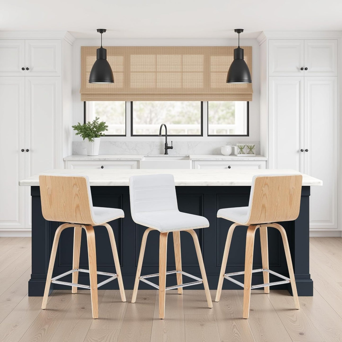 Vienna Modern Counter Height Swivel Bar Stool with White Faux Leather Seat and Patterned Oak Wood Frame Set of 4