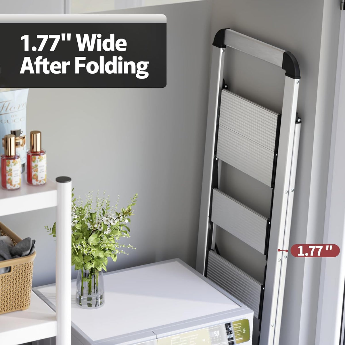 KINGRACK Aluminium 5 Step Ladder, Lightweight Step Stool with Non-Skid Pedals, Handrail, Foldable Step Ladder for Kitchen, Garage, Home, Space Saving, Sturdy and Portable, Silver