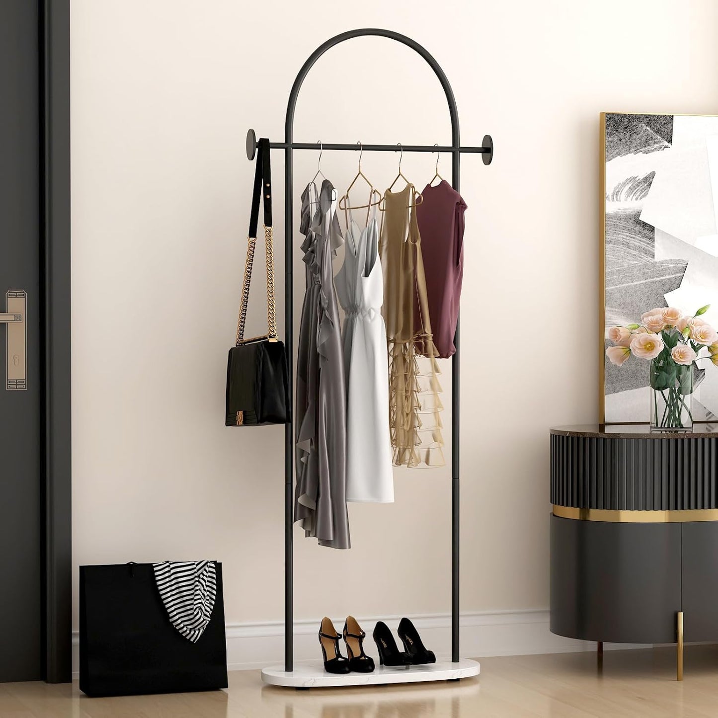 Black Clothing Racks, Modern Industrial Clothes Rack with Shelf, Heavy Duty Freestanding Coat Rack, Metal Coat Hanger Stand with Hooks for Boutique Office