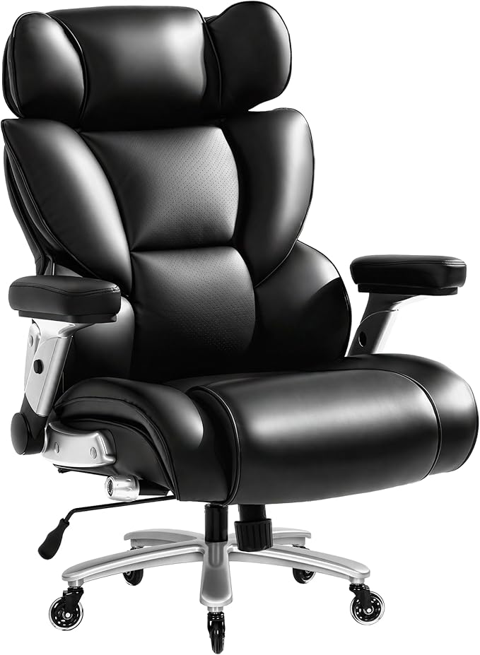 FLEXISPOT 600lbs Big and Tall Office Chair for Heavy People, Heavy Duty Computer Desk Chair with Dynamic Lumbar Support 2D Armrest Blade Wheels, Chairs for Home Office Gaming Working, Leather, Black