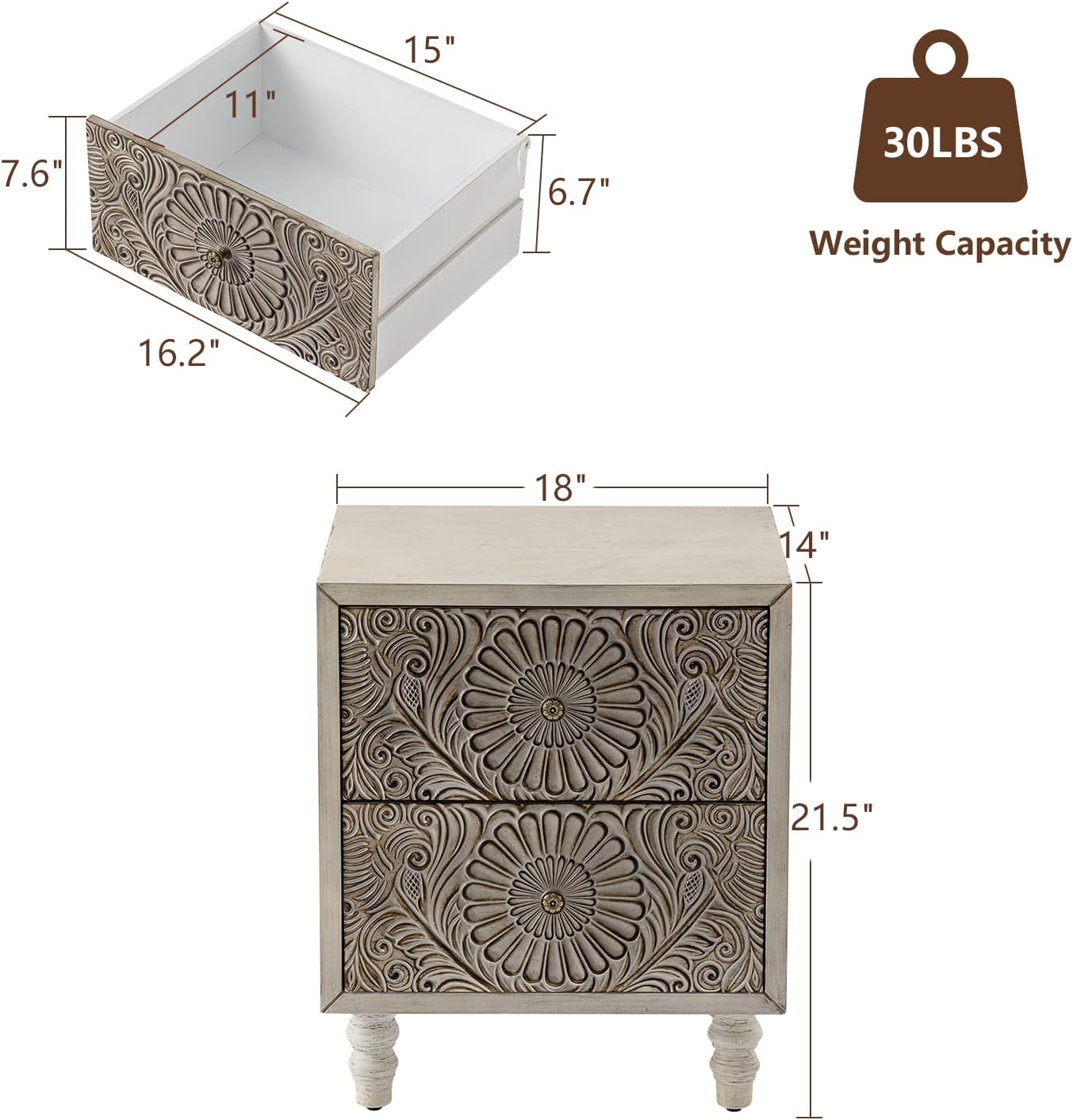 COSIEST 2 Pieces Nightstand, 14" D x 18" W x 21.5" H MDF End Table with 2 Drawers, Vintage Style Wood Bedside Table, Bedroom Accessories for Home, Office, College Dorm