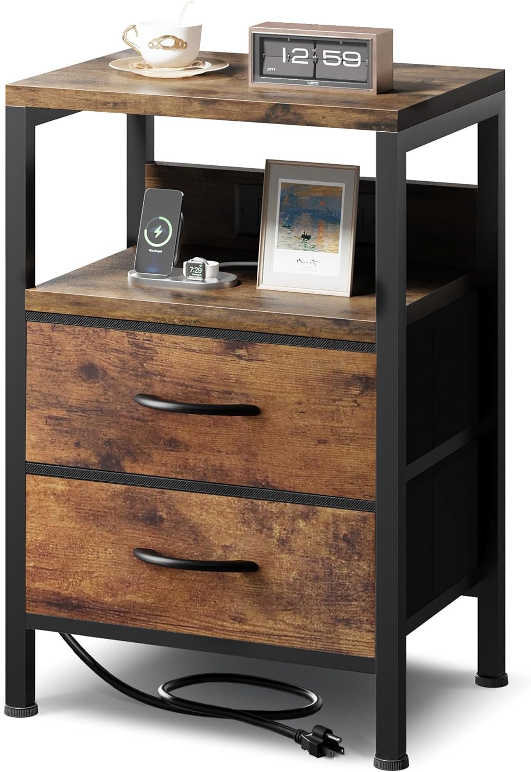 NightStand Bedside Charging Table Bedroom - Brown Night Stand with Charger Station, Modern Bed Side End Table with Open Shelf & 2 Fabric Drawers, USB-C USB Ports & AC Outlets for Dorm, Living Room