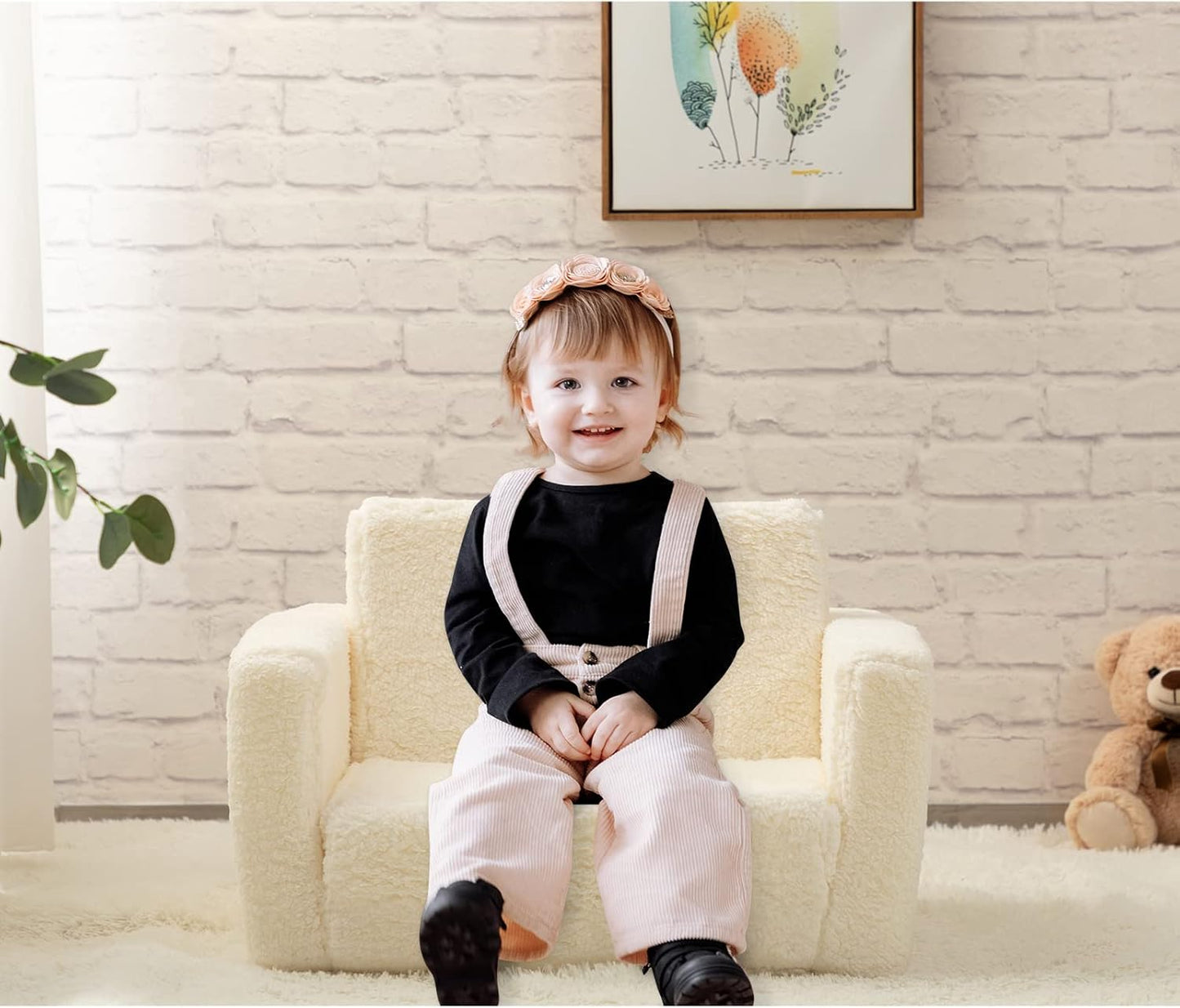 ALIMORDEN 2-in-1 Flip Out Cuddly Sherpa Kids Couch, Convertible Sofa to Lounger, Cream