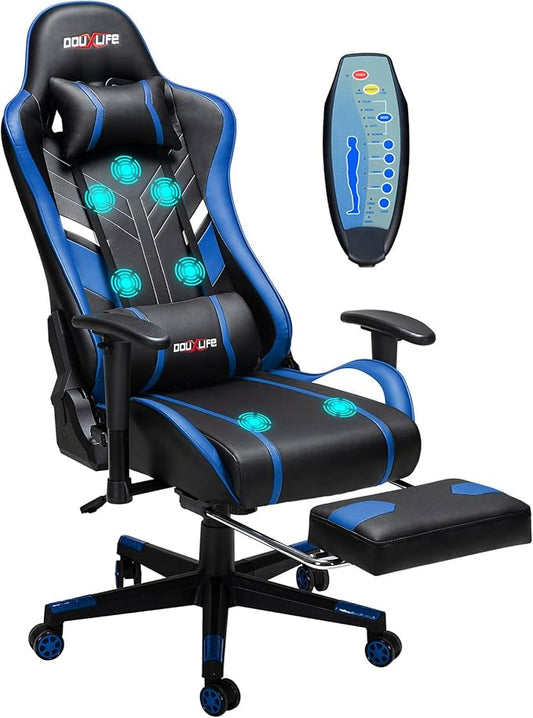 Douxlife 7-Point Massage Gaming Chair, 175° Gaming Recliner with Footrest Ergonomic Computer Office Chair High Back Video Game Chair with Lumbar Support, Upgraded Version Black and Blue