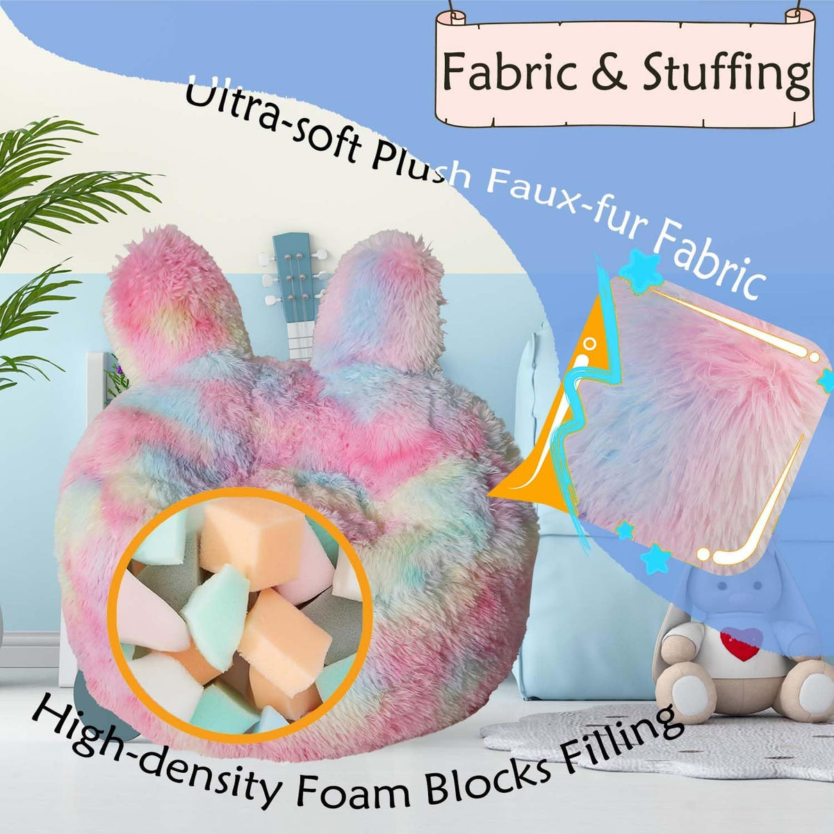 Bean Bag Chair for Kids with Plush Faux Fur Cover, 2.5FT Memory Foam Filled Bean Bag for Teens & Kids, Lazy Sofa for Living Room/Bedroom/Dorm, Rabbit-Ears Design