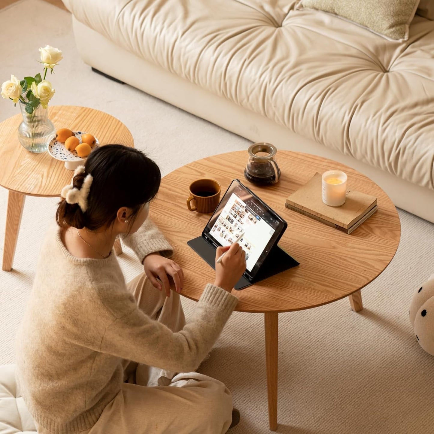 100% Solid Oak Wood Coffee Table Set, Round Coffee Table Combo Side Table w/Solid Wood Legs, Mid Century Table Sturdy Tables for Bedroom Balcony Living Room (Natural, Small-Medium Combo)