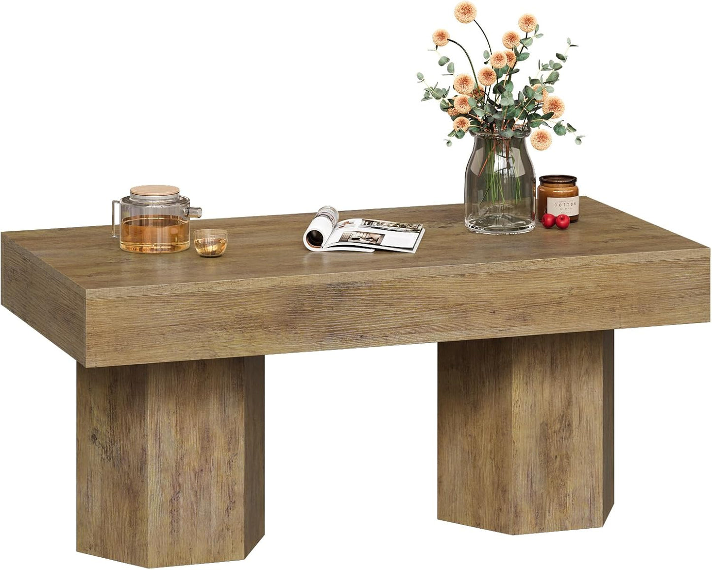 GiftGo Coffee Table Mid Century Modern Center Living Room Table Farmhouse Wooden Rectangle Cocktail Tea Table for Office (Light Brown, L-39.37)