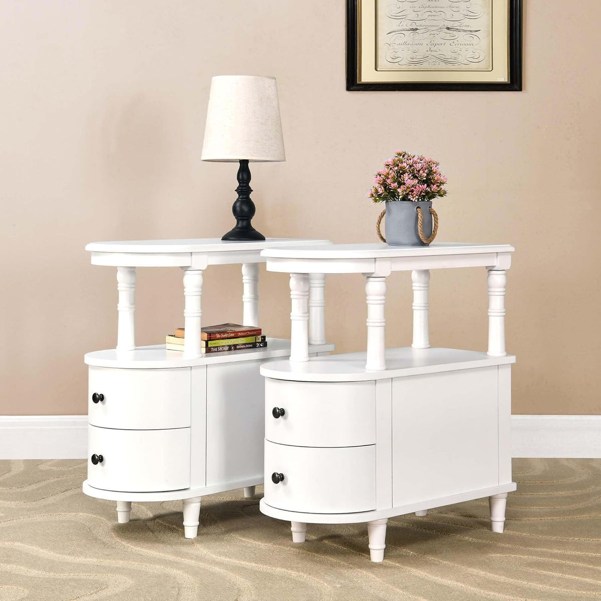 2 Set of Wood End Table with 2 Drawers and Storage Shelf, Narrow Sofa Side Table for Living Room, Vintage Slim Nightstand Bedside Table for Bedroom, Slim Chair Side Table White BGA508WT