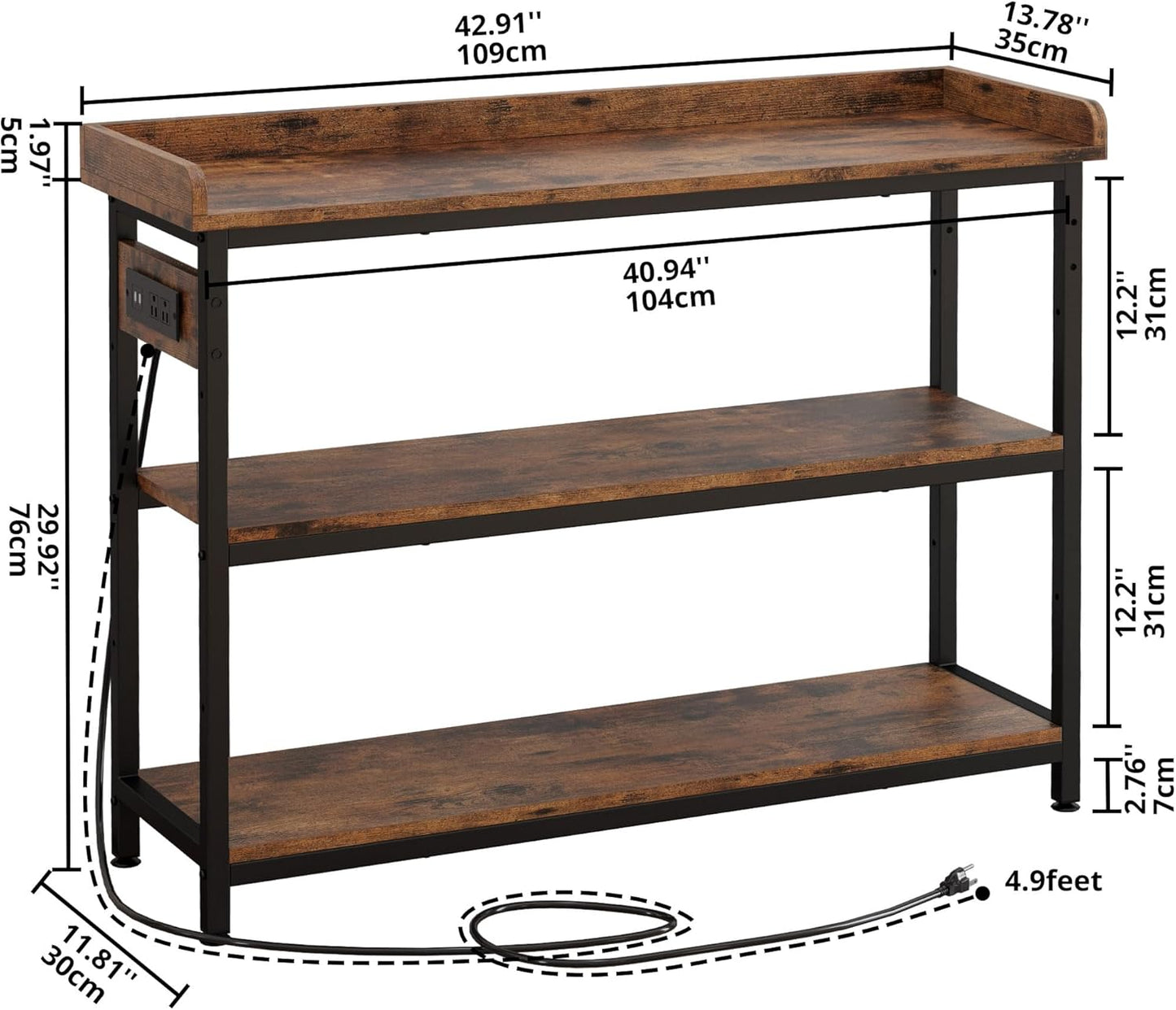 IRONCK Console Table, Sofa Table with Power Outlet, Farmhouse Hallway Table for Entryway, Living Room, Height Adjustable, Easy Assembly, Rustic Brown, 43"