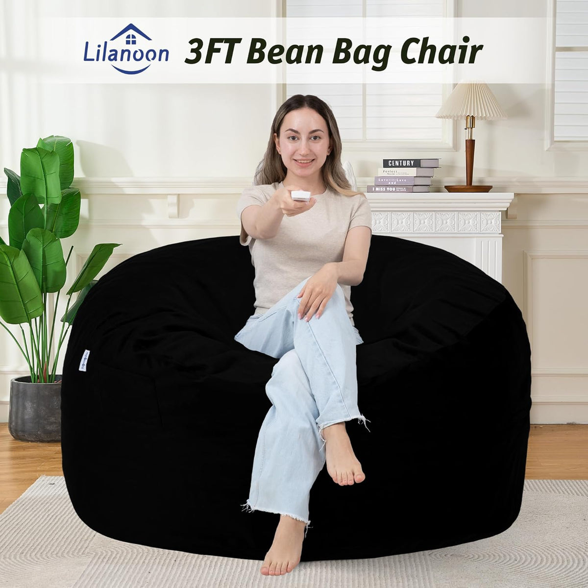 3FT Bean Bag Chair with Ultra Soft Velvet Cover Bean Bag Sofa with Memory Foam Bean Bag Chairs with Large Size Lazy Sofa for Dorm Office Living Room Bedroom Black 3'