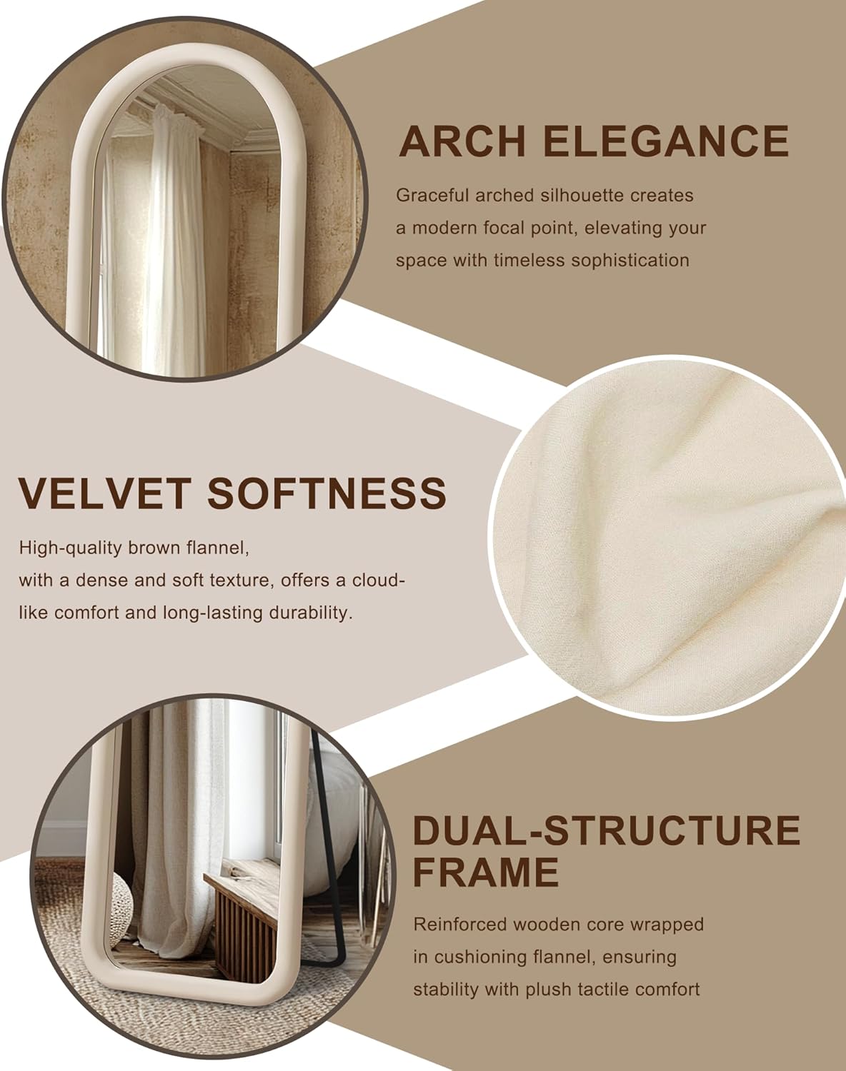Delma Arched Full Length Mirror, Free Standing Floor Velvet Frame Mirror for Leaning or Hanging, Soft Touch Bedroom & Living Room Decor, Cream White