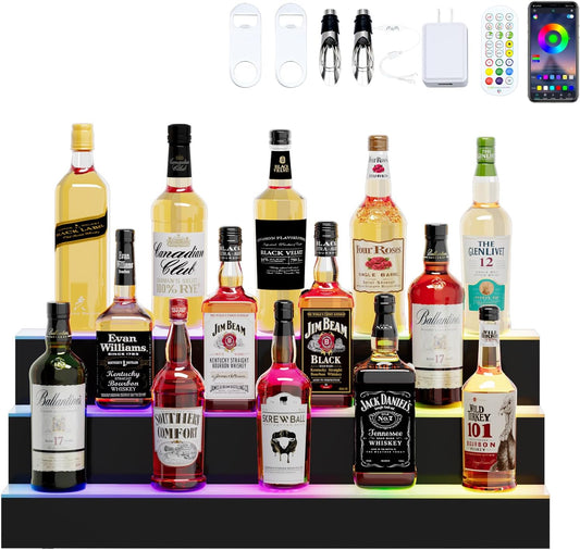 Dethan 3 Tier 30 Inch Liquor Bottle Display Shelf - Illuminated Wine Racks with Multi-Color App & Remote Control, Adjustable Brightness & Sound Modes, Acrylic Bar Shelves Displays