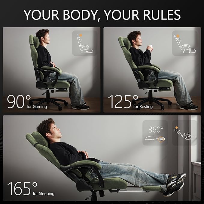 Dowinx Gaming Chair for Adults with Dual-Point Massage, Ergonomic Racing Style Game Chair Footrest, High Back Computer Chair 360° Swivel for Office,400LBS, Green