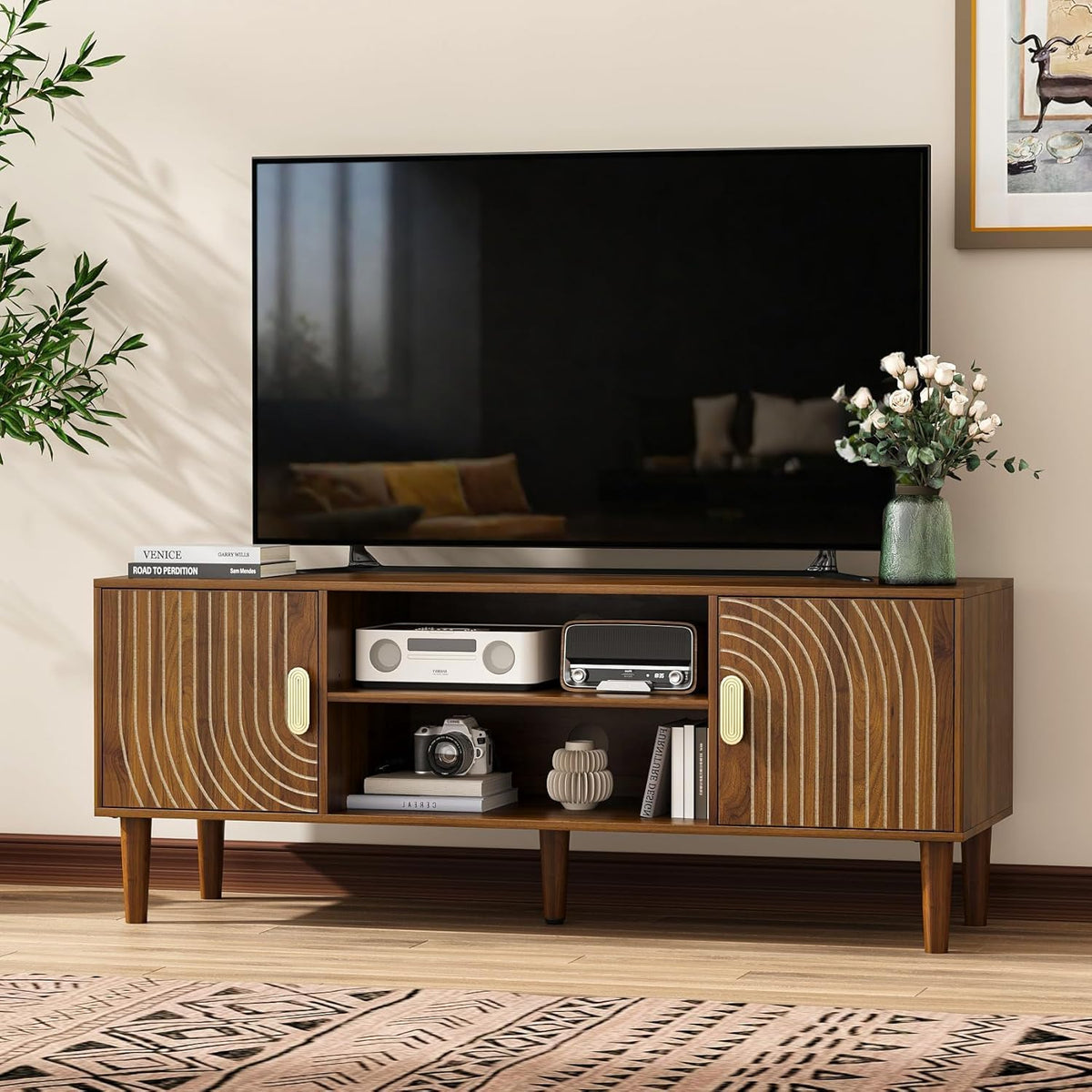 47" TV Stand for TVs up to 55 Inch, Entertainment Center with Storage and Adjustable Shelves, Modern Media Console for Living Room, Walnut