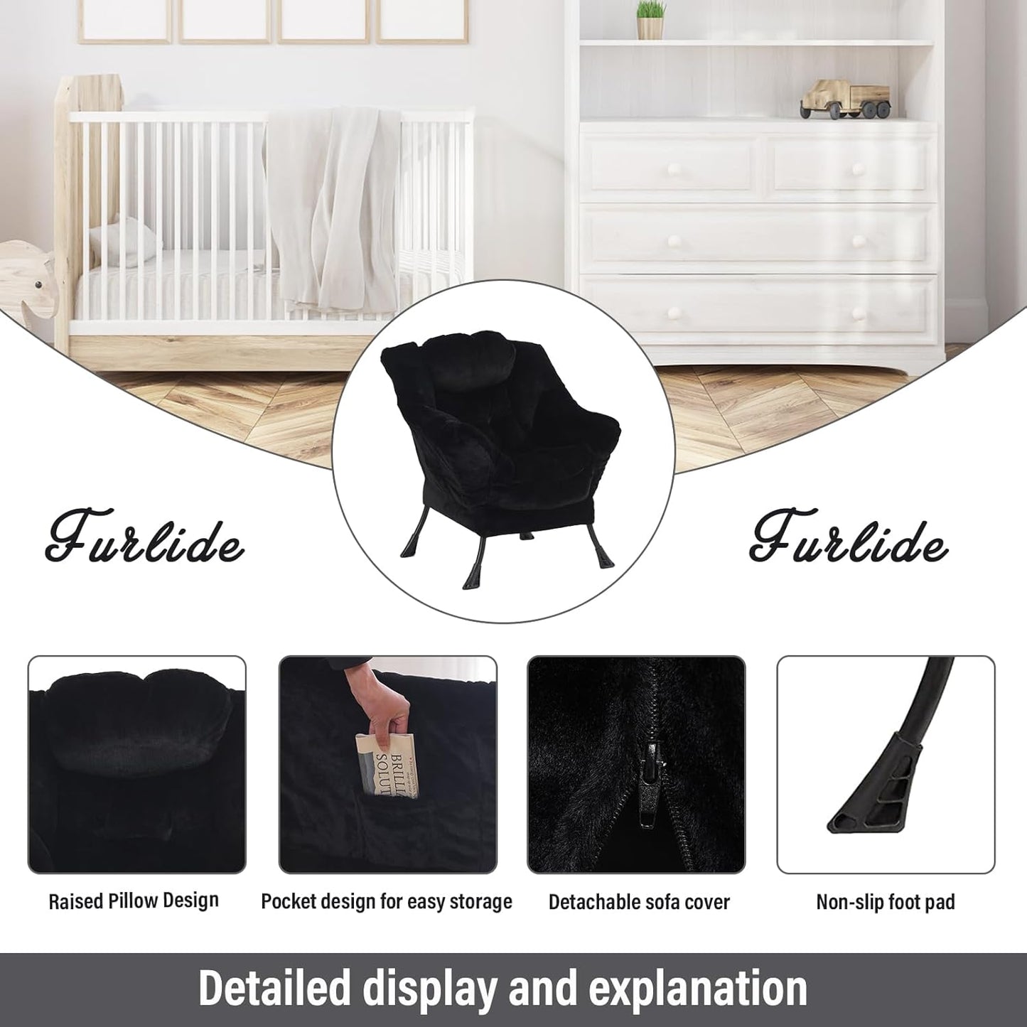 Lazy Chair with Ottoman, Modern Chair with Folding Footrest, Lounge Accent Chair, Comfortable Reading Chair for Bedroom, Study, Living Room, Small Space (Plush Black)