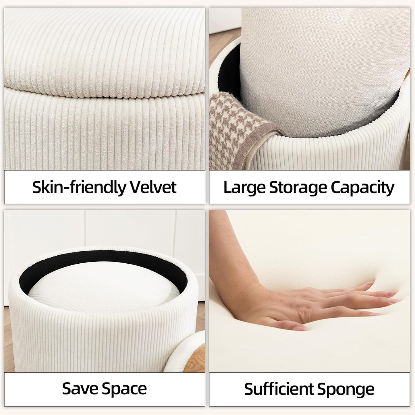 Round Set of 3 Ottoman with Storage-Upholstered Velvet Vanity Stool for Modern Multifunctional Coffee Table Padded Seat Foot Rest for Living Room and Bedroom (White)