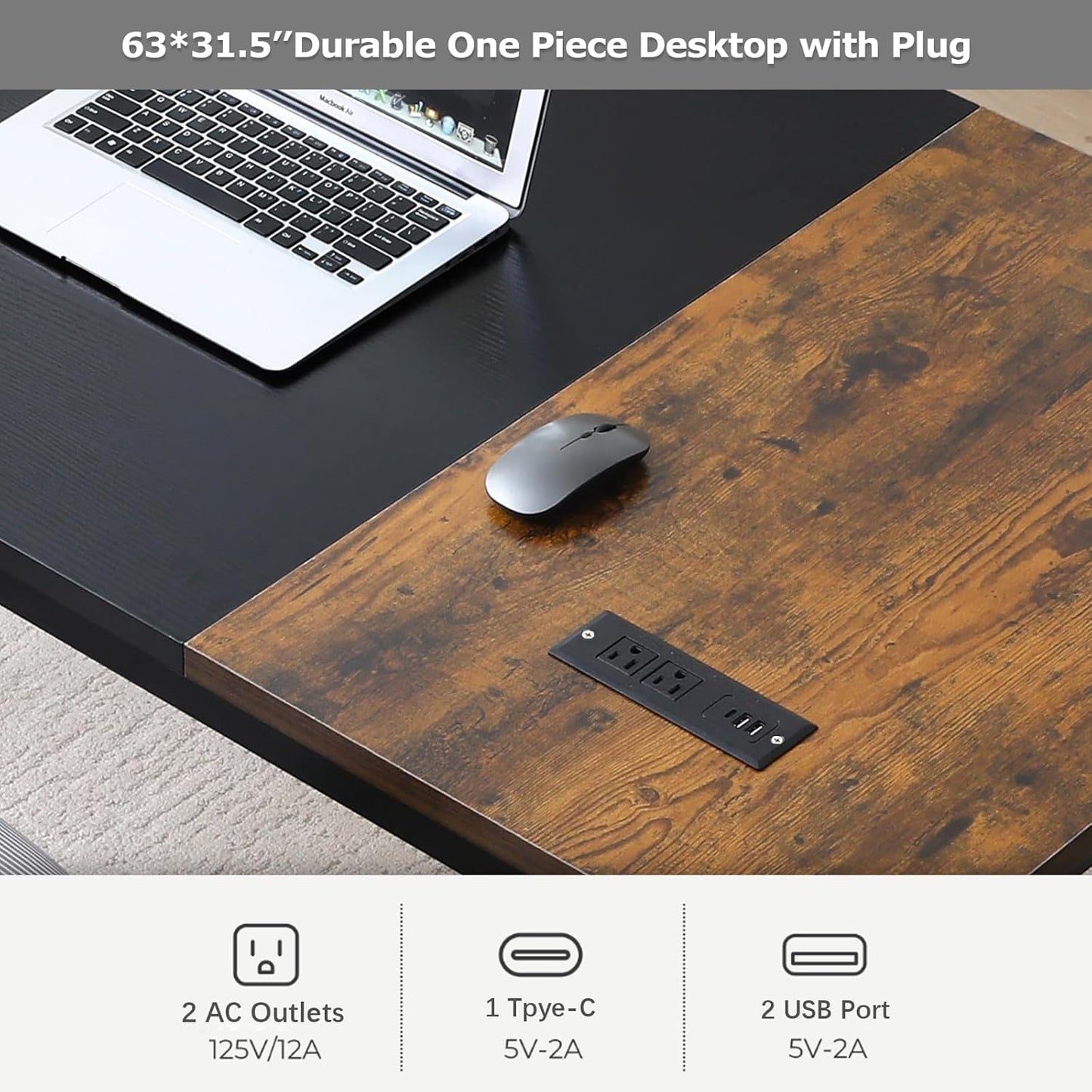 Large Computer Desk - 63 Inch Home Office Desks Study Student Writing Table Gaming Desk Wood Modern Simple Table with USB Ports, Vintage + Black