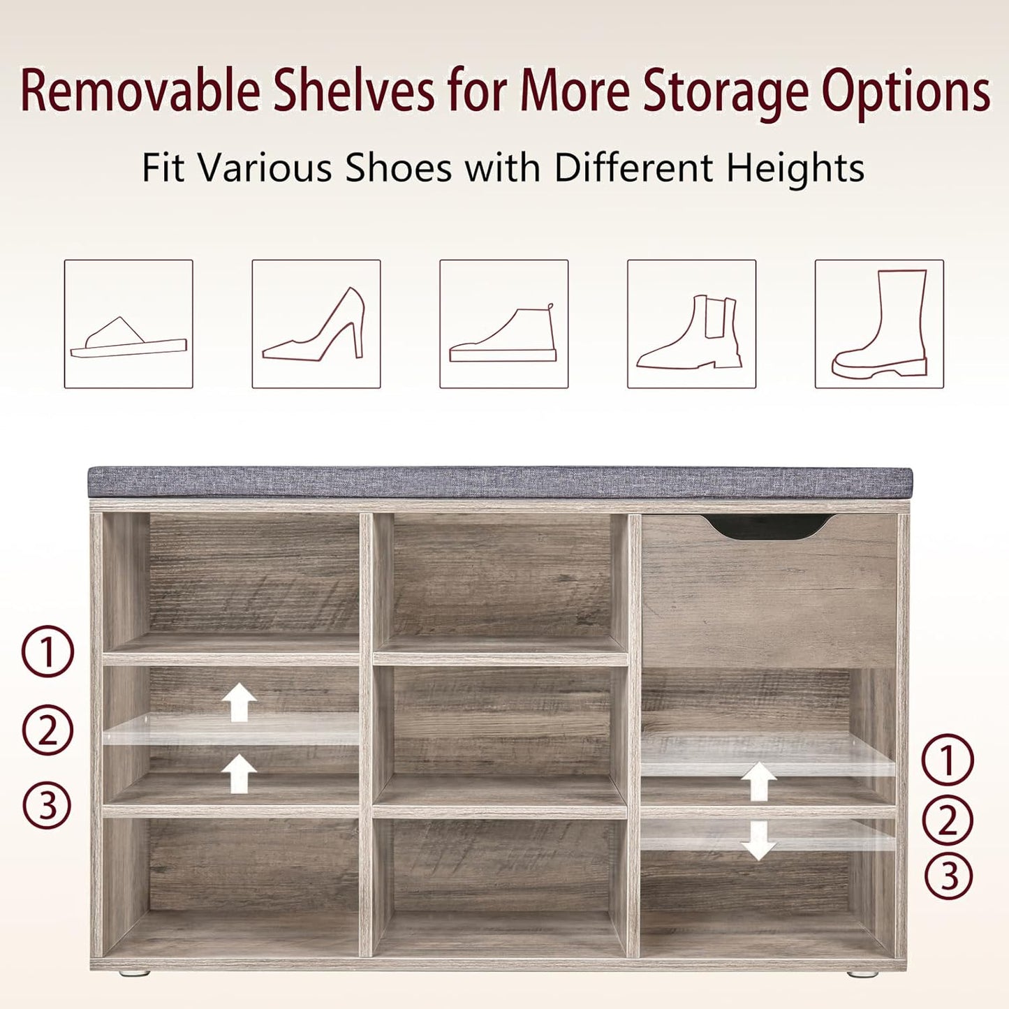 DINZI LVJ Shoe Bench,Entryway Storage Bench with Drawer and 8 Cubbies,Cubby Rack Adjustable Shelves,Shoe Organizer Cabinet for Living Room,Bedroom,Mudroom,Closet Garage,Greige