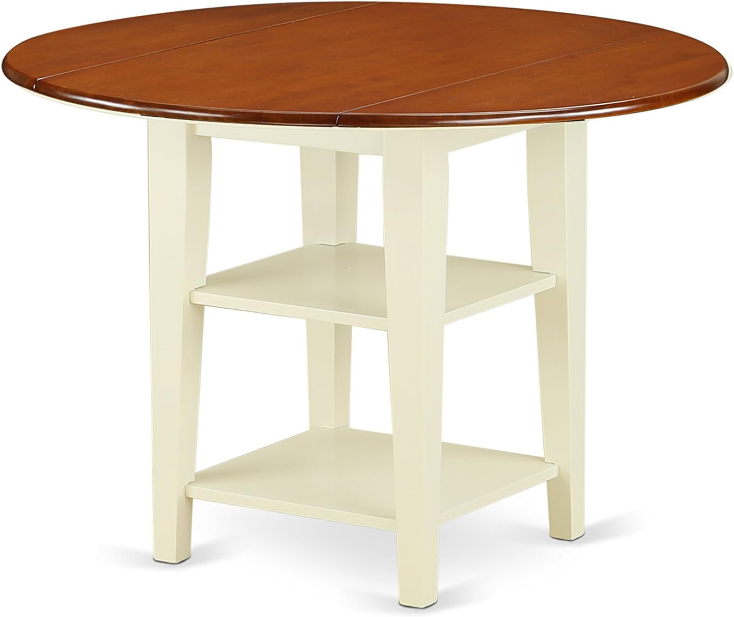 East West Furniture SUAN5-BMK-W 5 Piece Modern Dining Table Set Includes a Round Wooden Table with Dropleaf & Shelves and 4 Dining Room Chairs, 42x42 Inch, Buttermilk & Cherry