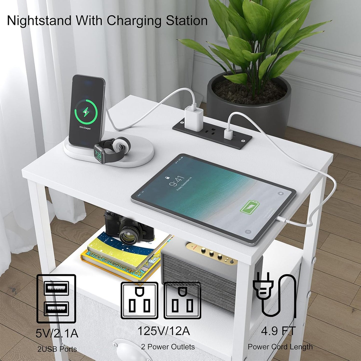 Sthmec Nightstands with Charging Station, LED Bedside Tables with Charging Station and Fabric Drawer, Night Stand with Storage, 3 Tier Side Table with Open Shelf, LED Nightstand Bedside Table,White