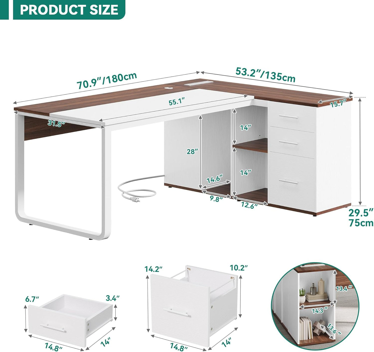 YITAHOME Executive Desk with Power Outlets, 71" L Shaped Desk with File Cabinet, Executive Desk with Drawers & Storage Shelves, Corner Office Desk with Bookshelf for Home Office, Walnut & White