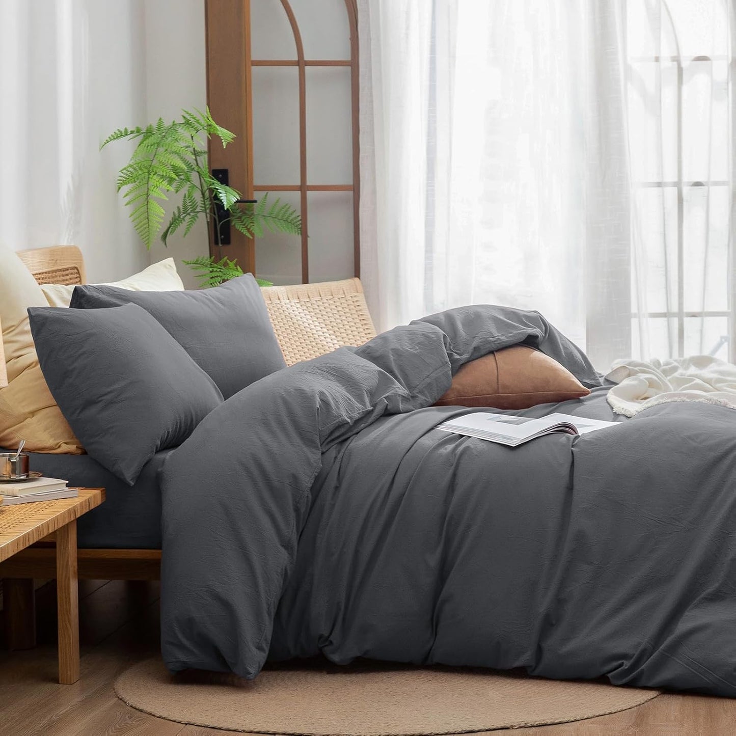 BESTOUCH Duvet Cover Set 100% Washed Cotton Linen Feel Super Soft Comfortable Chic Lightweight 3 PCs Home Bedding Set Solid Quiet Shade Grey Oversized King