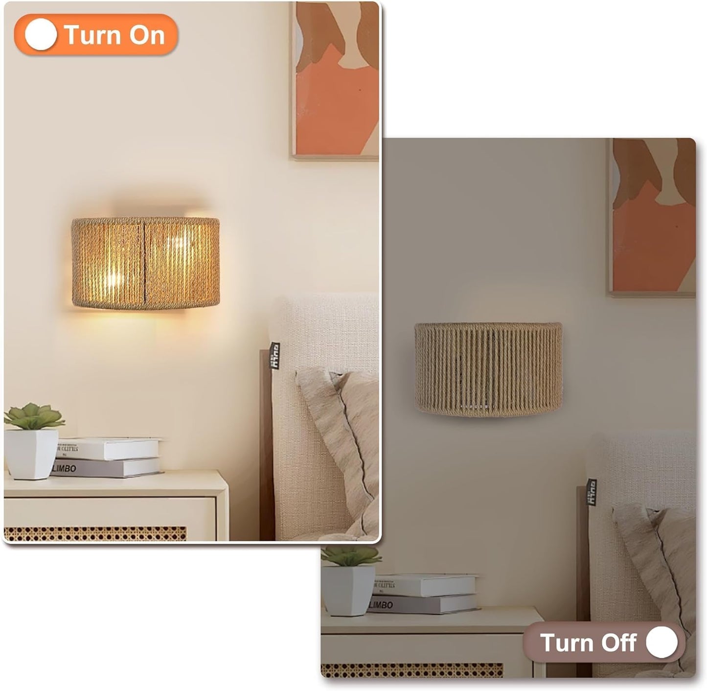 Rattan Wall Sconce Boho Wall Light Fixture Hand Woven Wall Mounted Lamp for Bedside, Staircase, Aisle, Porch, E12 Base D9.7 Inch