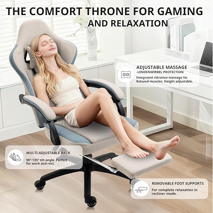 Dowinx Gaming Chair Breathable Fabric Game Chair with Gel Pad and Storage Bag, Comfortable Gamer Chair with Pocket Spring Cushion,Ergonomic Computer Chair with Footrest,Grey
