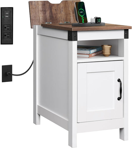 WLIVE White Farmhouse End Table for Living Room, Narrow Side Table with Charging Station, Night Stand with Storage, Small Wooden Cabinet with USB Ports and Outlets for Bedroom, White