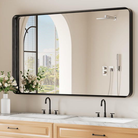 Koonmi Black Wall Mirror for Bathroom, 30x48 Inch Matte Deep Framed Rounded Rectangle Vanity Mirror for Farmhouse Living Room, Tempered Glass, Anti-Rust, Vertically or Horizontally