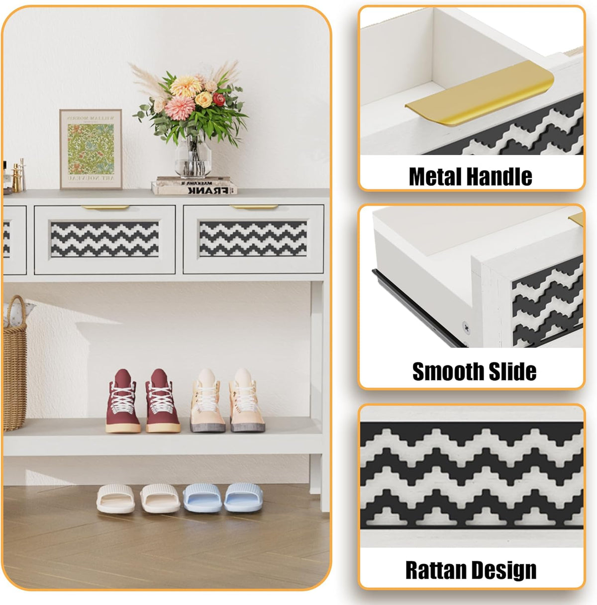 Entryway Table, Boho Console Table with 3 Storage Drawers and Storage Shelf, Sofa Table with Socket, for Entryway, Living Room, Behind Couch and Hallway (White)