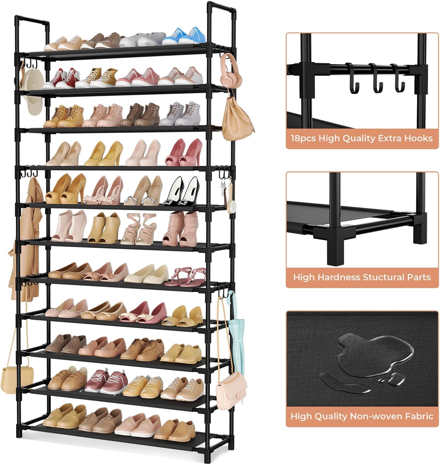 11 Tiers Tall Shoe Rack Holds 55 Pairs of Shoes with 18pcs Hooks Sturdy Wide Shoe Organizer Storage Free Standing Metal Shoe Shelf for Closet, Entryway Black