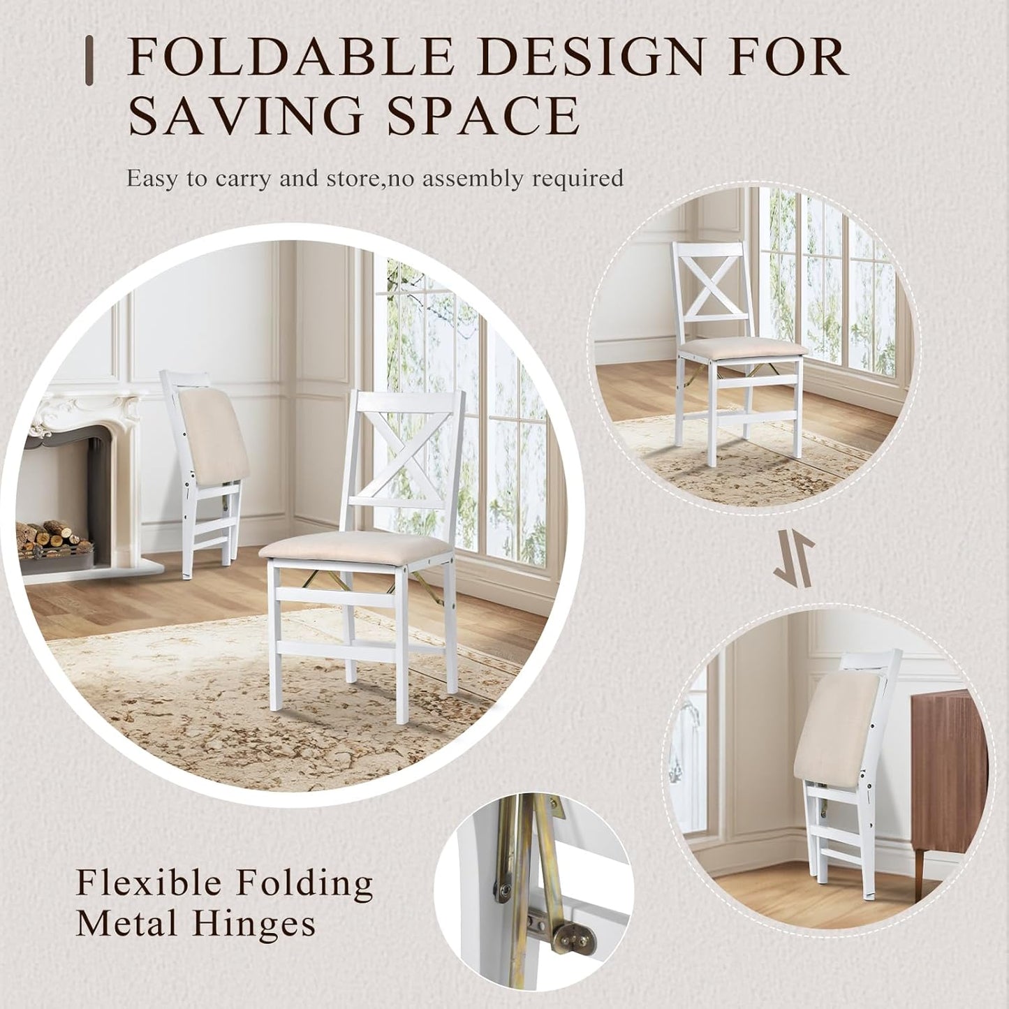 COLAMY Folding Dining Chairs Set of 2 – White Wooden Dining Room Chairs for Small Spaces, Pre-Assembled, Space Saving Kitchen & Dining Room Furniture, Indoor Outdoor Use