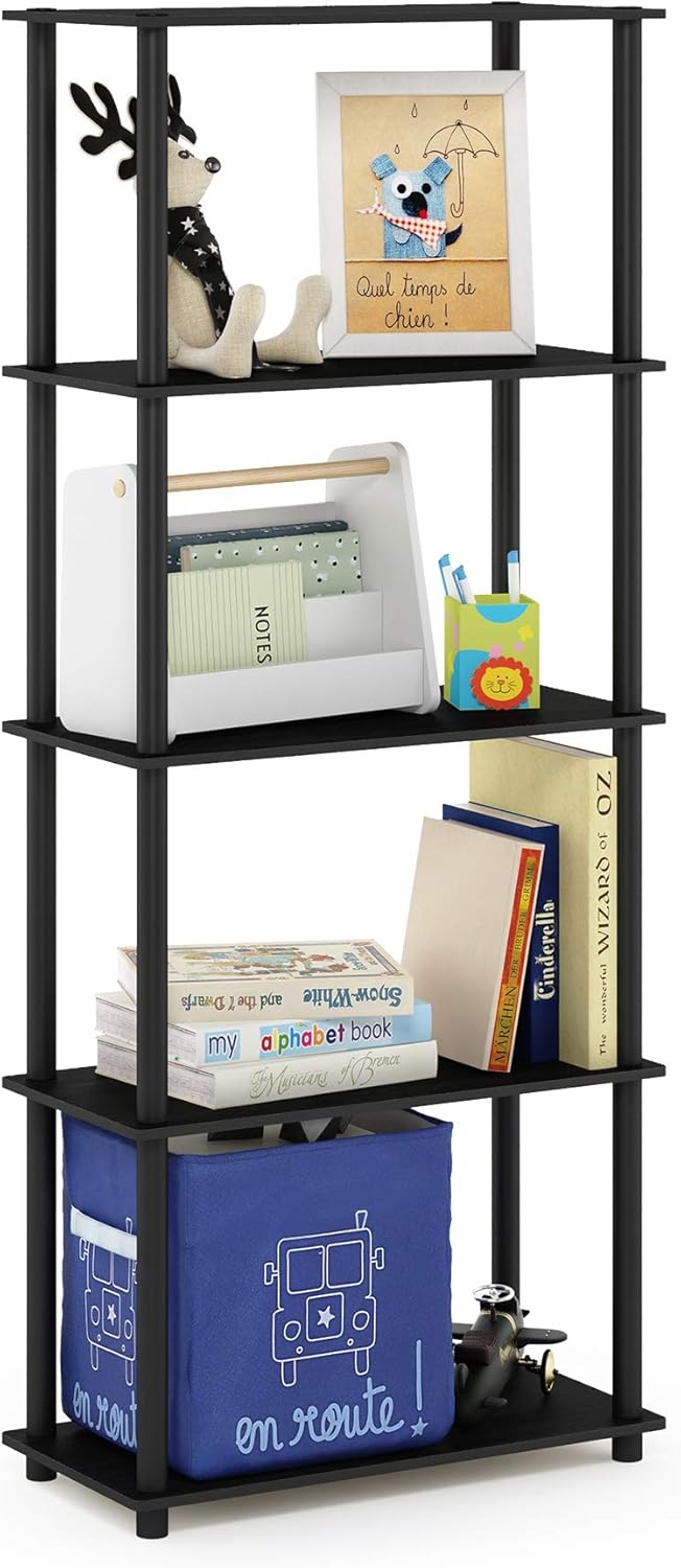Furinno Turn-N-Tube 5-Tier Multipurpose Shelf / Display Rack / Storage Shelf / Bookshelf, Round Tubes, Americano/Black