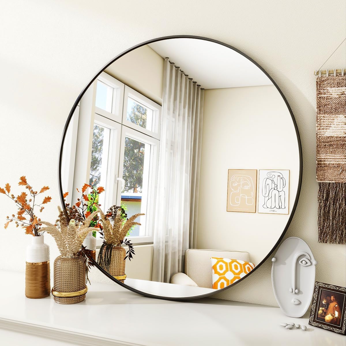 Black Round Bathroom Mirror, 30 inch Circle Wall Mounted Hanging Mirror with Simple Modern Circular Metal Frame for Hallway, Entryway, Living Room, Black Frame