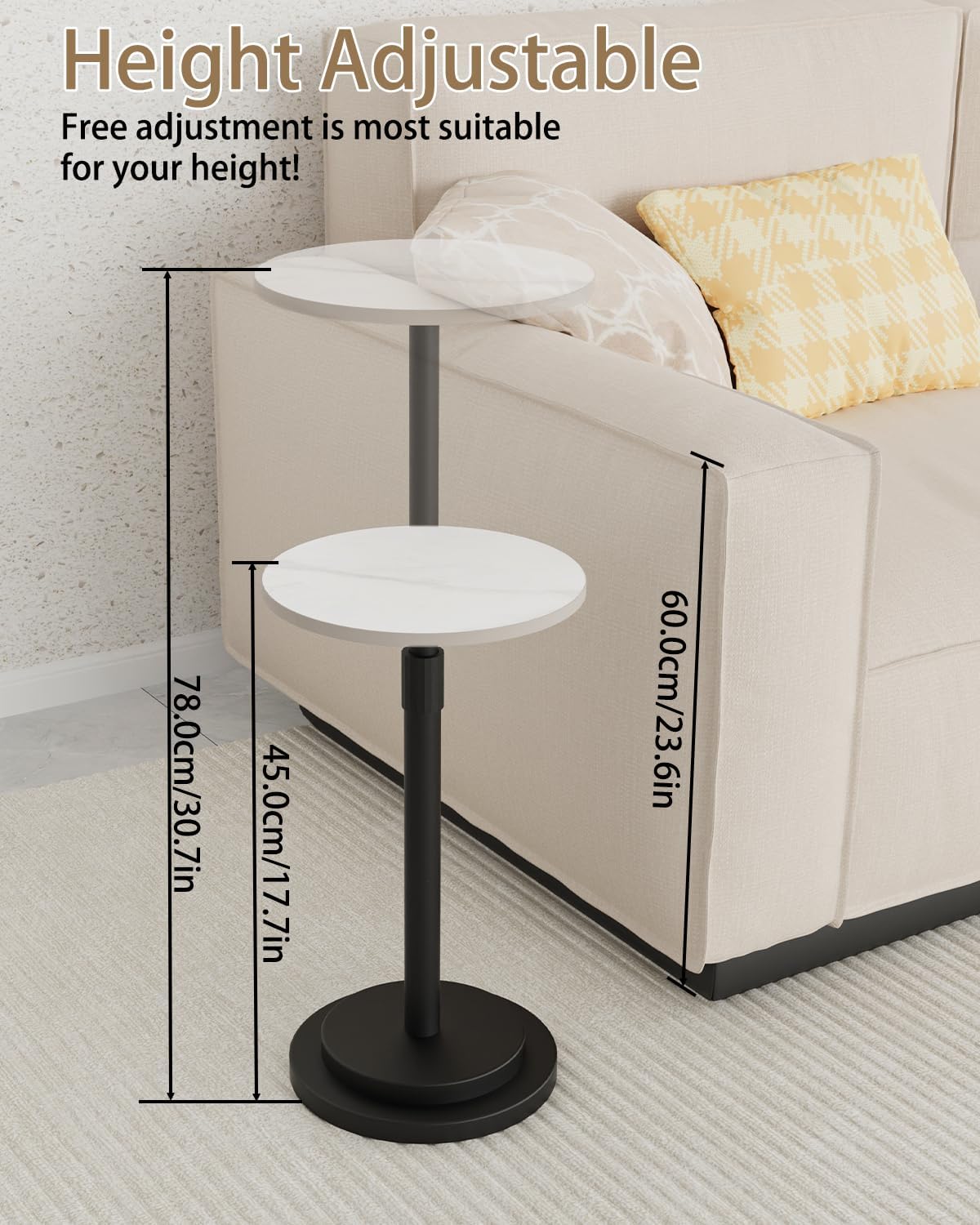 Height Adjustable Drink Table, Vintage Round Indoor Metal Plant Stand, for Small Spaces, Living Room, Bedroom, Cocktail, 1 Pack, White, GBZ001CW-1