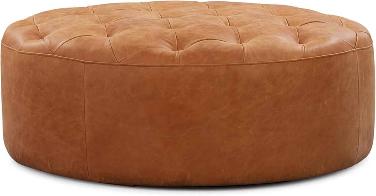 Poly & Bark Ascot Ottoman – 40" Round Pouf with Feather-Down Topper – Full-Grain Leather Upholstered Pouf Ottoman for Living Room – Vintage Italian Leather in Cognac Tan