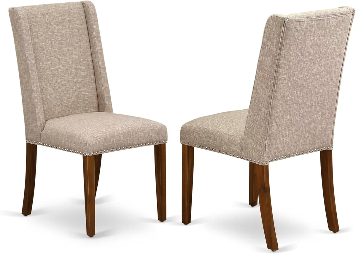 NKFL9-AWA-04-9-Piece Kitchen Table Set Includes a Kitchen Table and 8 Light Tan Linen Fabric Dining Chairs with Padded Chair Back - Antique Walnut Finish.