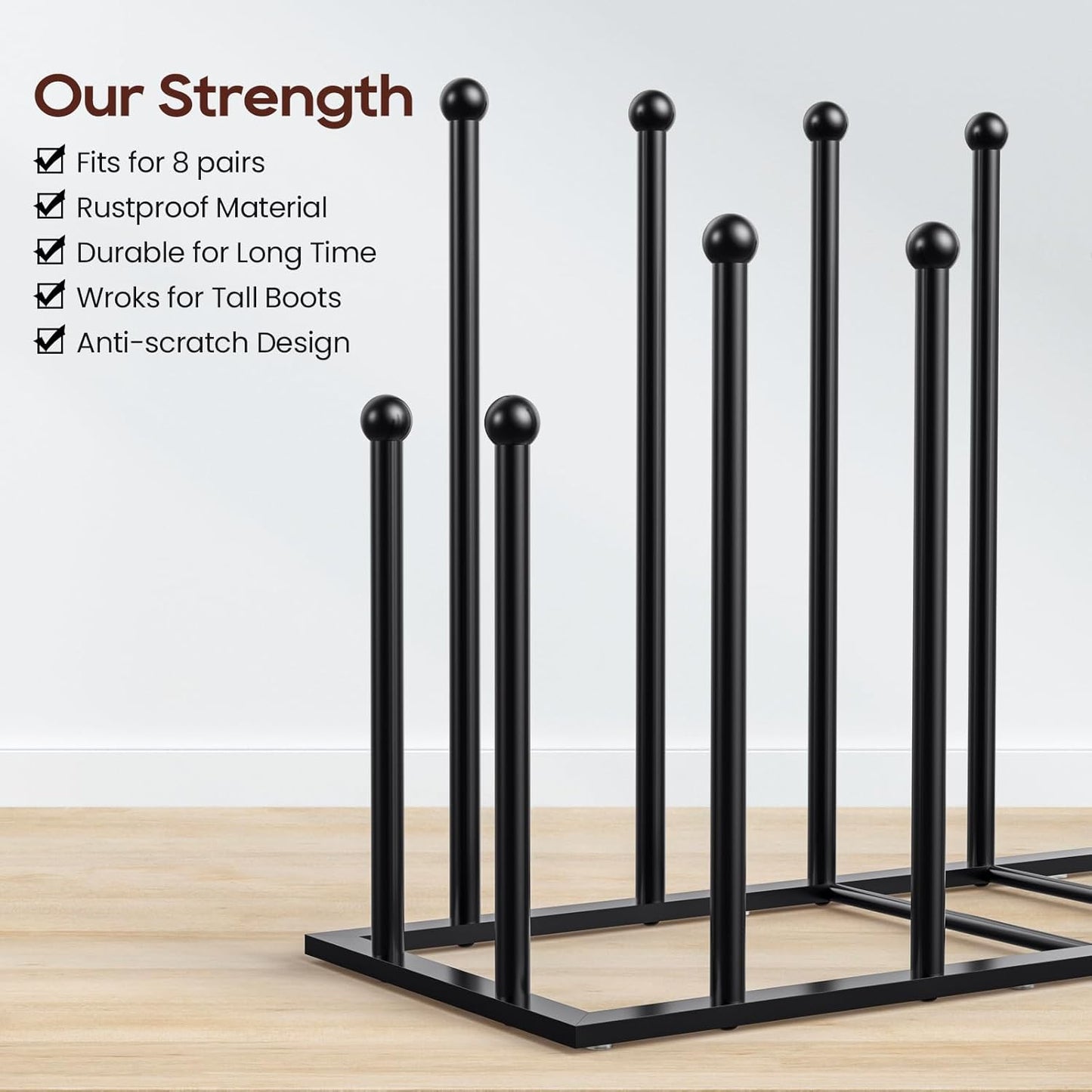 ORLESS Boot Rack Metal Black 8 Pairs Free-Standing Shoe Rack Boot Organizer Storage for Closet Entryway, Garage, Dorm Room, Hallway, Outdoor, Boot Rack