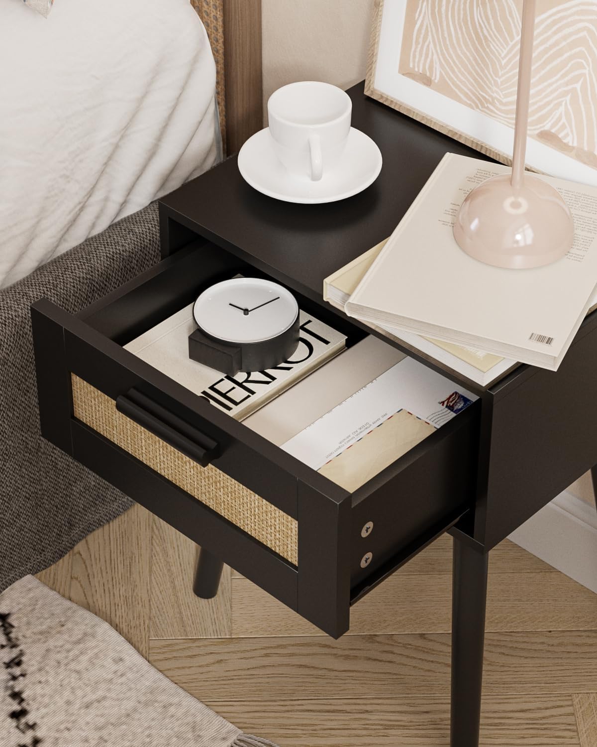 Bedroom Nightstands Wooden Night Stands with Rattan Weaving Drawer Home Bedside End Table for Bedroom Storage (Bohemian-Black)