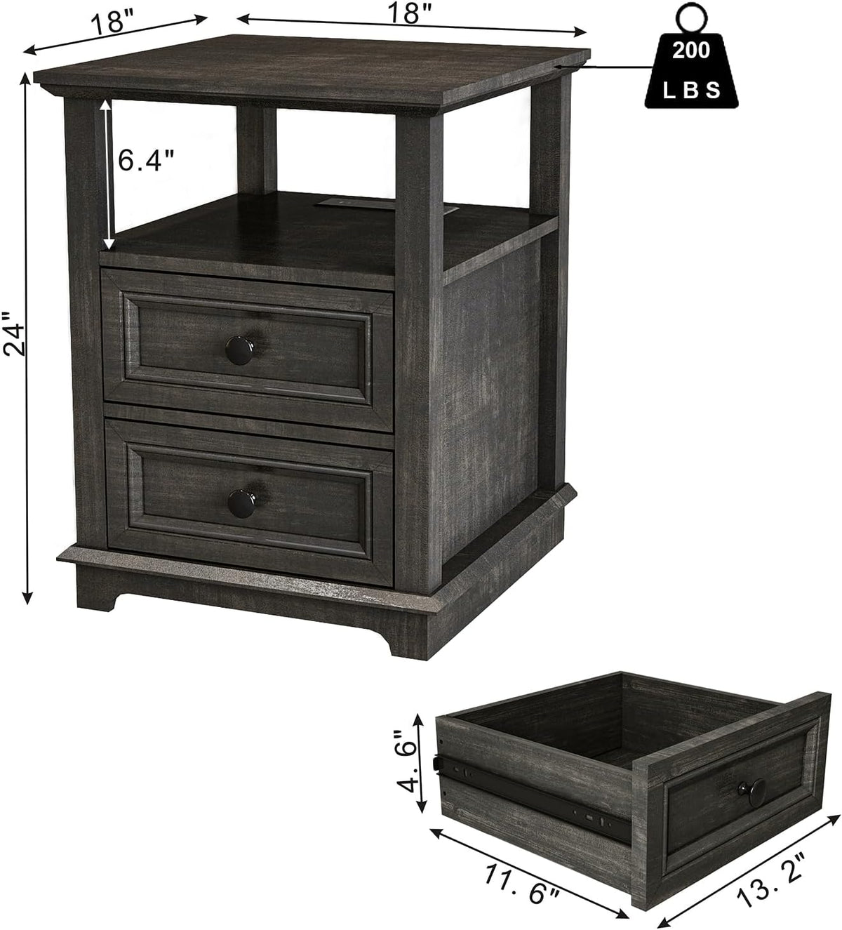 End Table with Fast Charging Station Set of 2, 18" Wide Sofa Side Table with Drawers, Large Storage Rustic Wood Square Storage Cabinet for Living Room