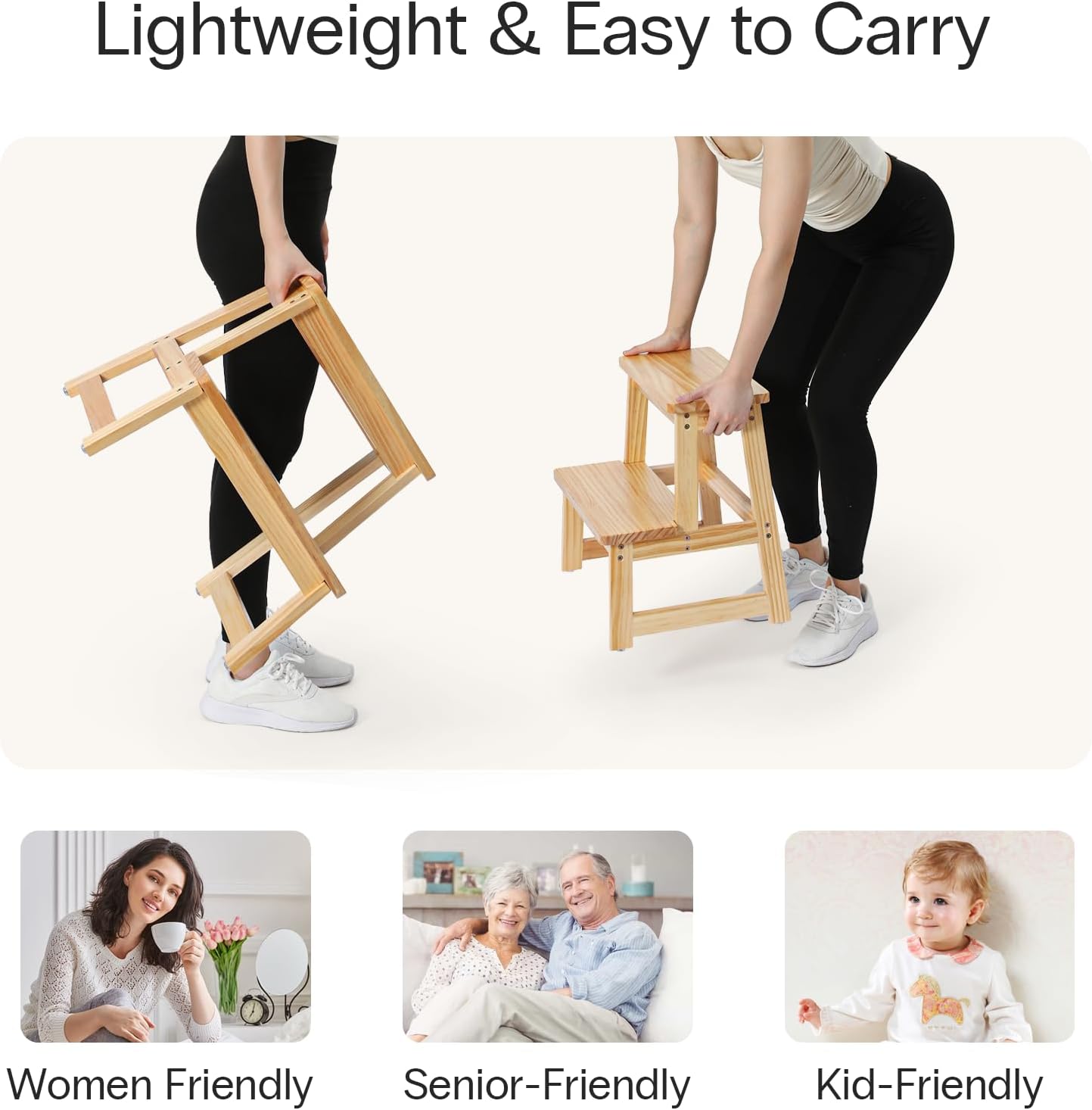 StrongTek Wooden Step Stool for Adults, 2-Tier, 300 lbs Capacity, Durable and Lightweight, Portable with Anti-Slip Feet, for Kitchen, Bathroom, Bedroom, or Closet, 17" Tall