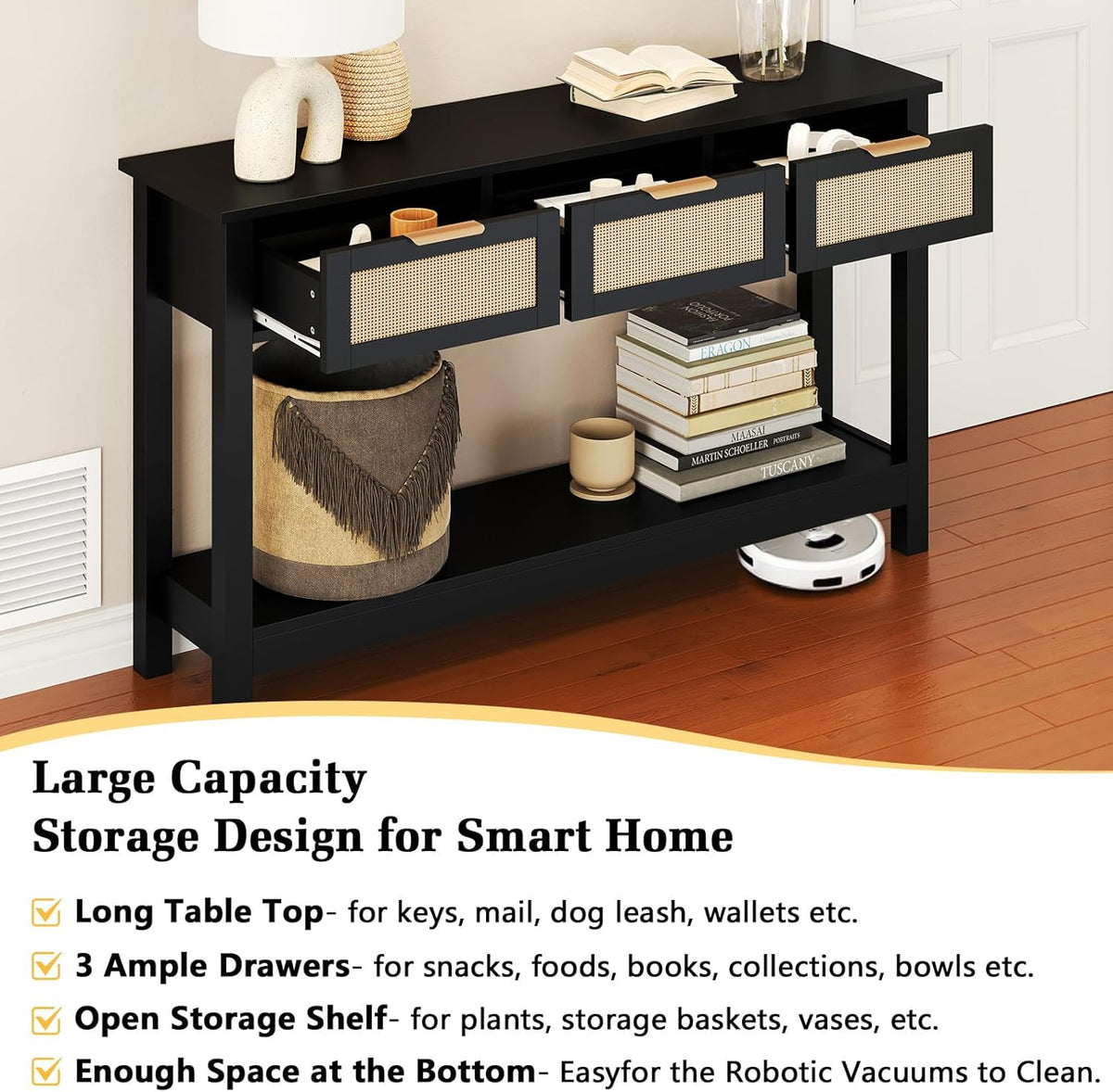 Luoxiao Entryway Console Table with 3 Rattan Drawers - Long Sofa Table Behind Couch Modern Fluted Hallway Living Room Storage Cabinet, Entry Table Open Shelf Foyer Furniture, Anti-Tip, Black, 47 Inch