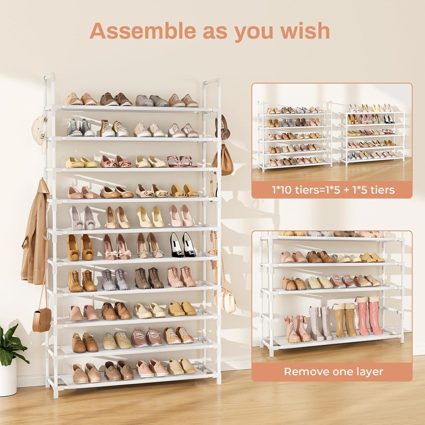 Tall Shoe Rack 10 Tier Shoe Organizer Large Shoe Shelf with 18 Hooks Storage for 50 Pair Sneaker and Boot, Stackable Vertical Shoe Rack Organizer for Closet, Entryway, Bedroom, White